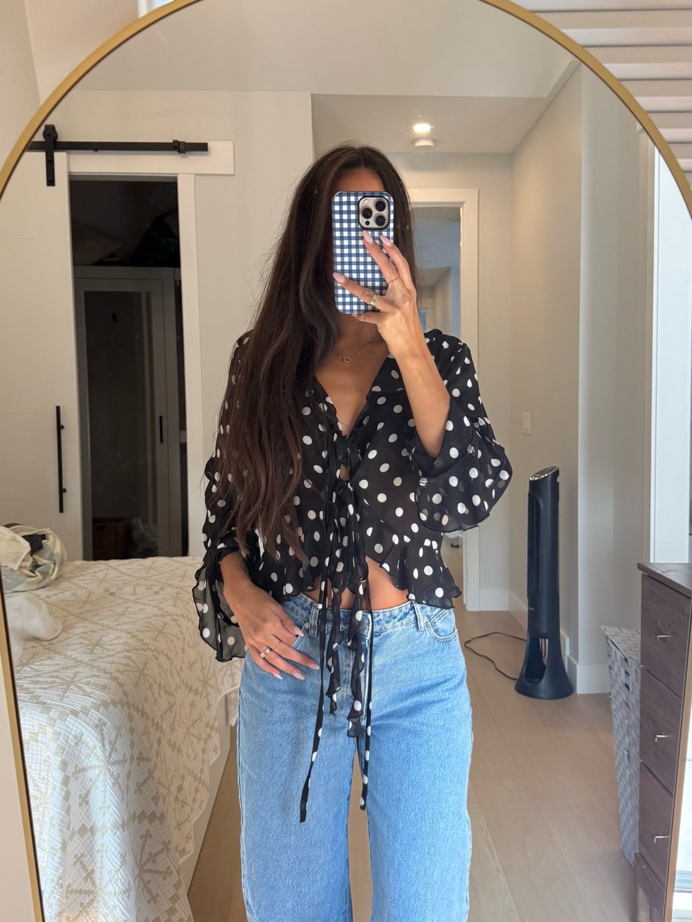 Polka Dot Tie-Front Blouse - Black